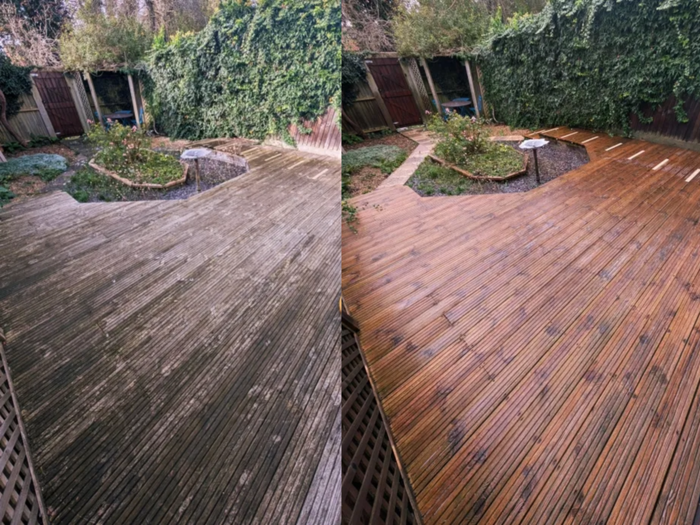 Person using a pressure washer on a wooden deck with greenery in the background.